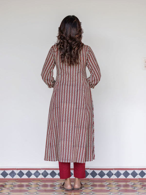 Terracotta Striped Handblock A-Line Kurta (PR)