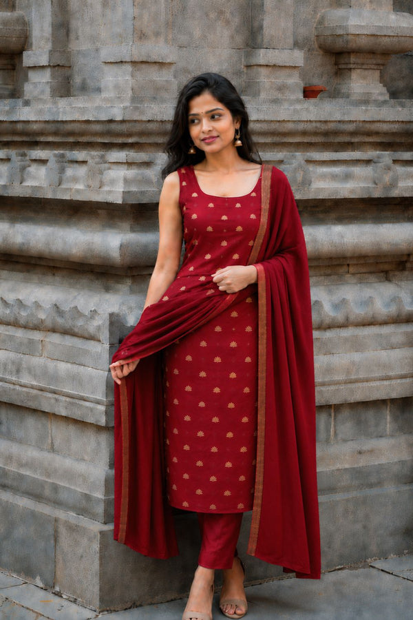 Saanvi Red Brocade Silk Kurti Set (Set of 3)