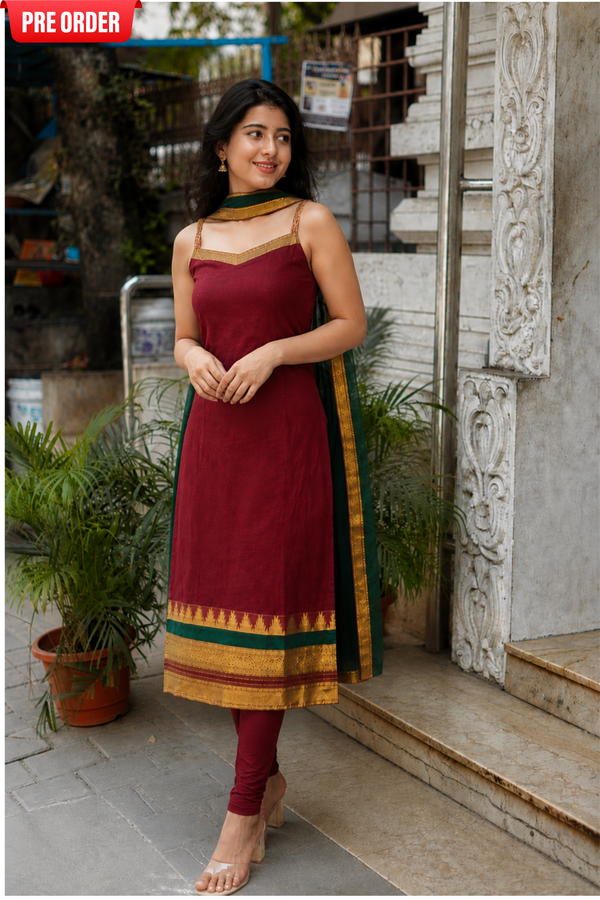 Charvi Maroon Narayanpet Kurti Set (Set of 2)