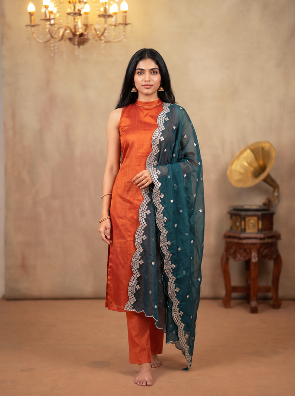 Amaira Rust Orange Chanderi Coord Set (Set of 3)