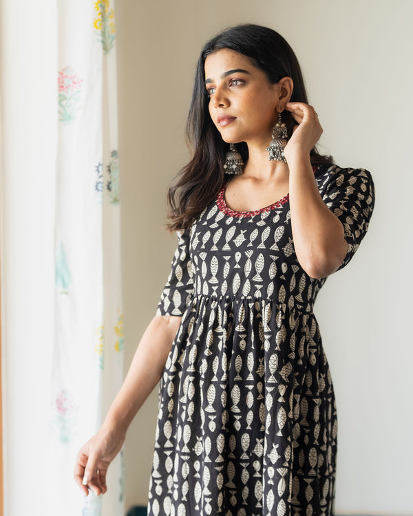 Black Fish Print Kurta (PR)