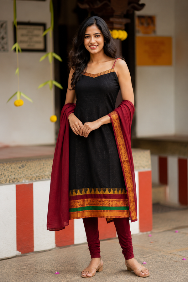 Charvi Black Narayanpet Kurti Set (Set of 2)