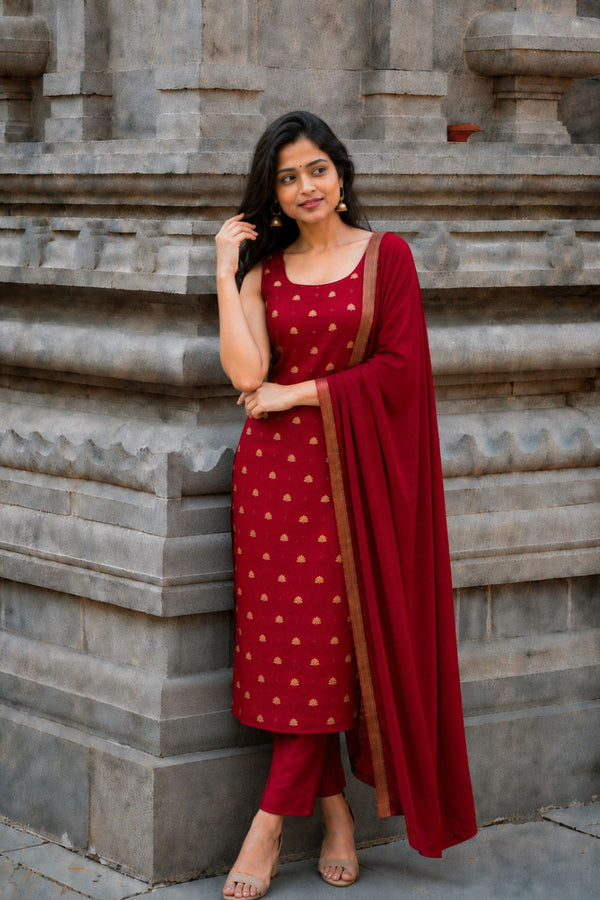 Saanvi Red Brocade Silk Kurti Set (Set of 3)