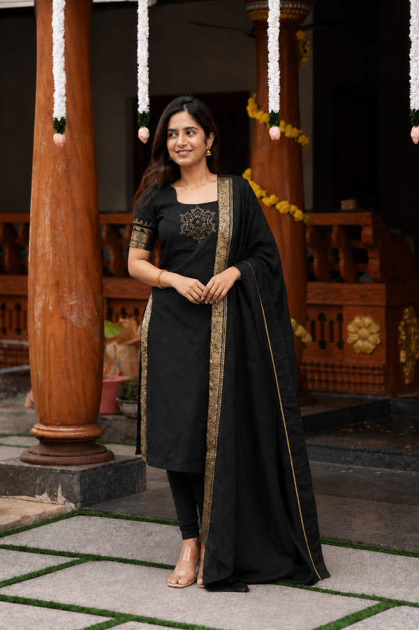 Riddhi Black Chettinad Cotton Kurti Set (Set of 2 )