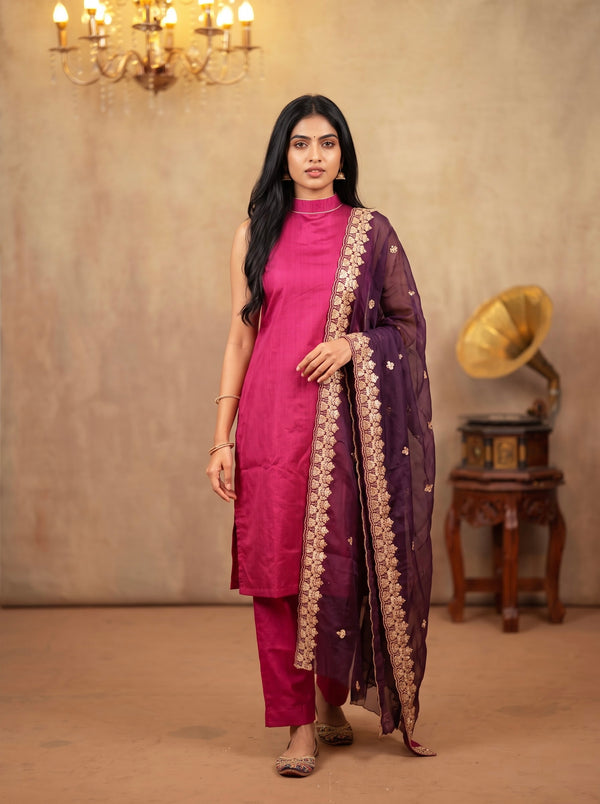Amaira Magenta Chanderi Coord Set (Set of 3)