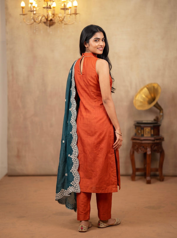 Amaira Rust Orange Chanderi Coord Set (Set of 3)