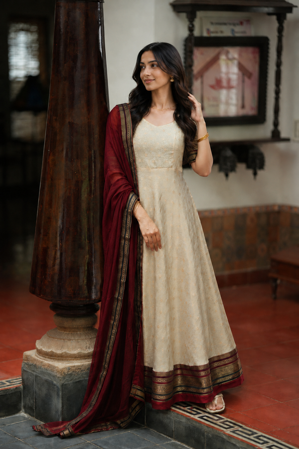 VrikshaIvory with Maroon Anarkali Dress