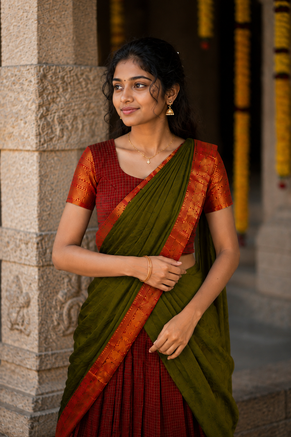Daksha Brown Checks Chettinad Cotton Halfsaree (Set of 3 )