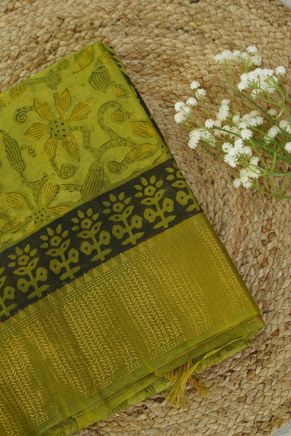 Olive Green Floral Print Chettinad Cotton Saree