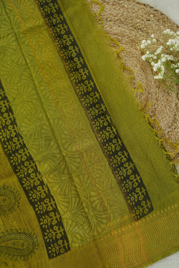 Olive Green Floral Print Chettinad Cotton Saree
