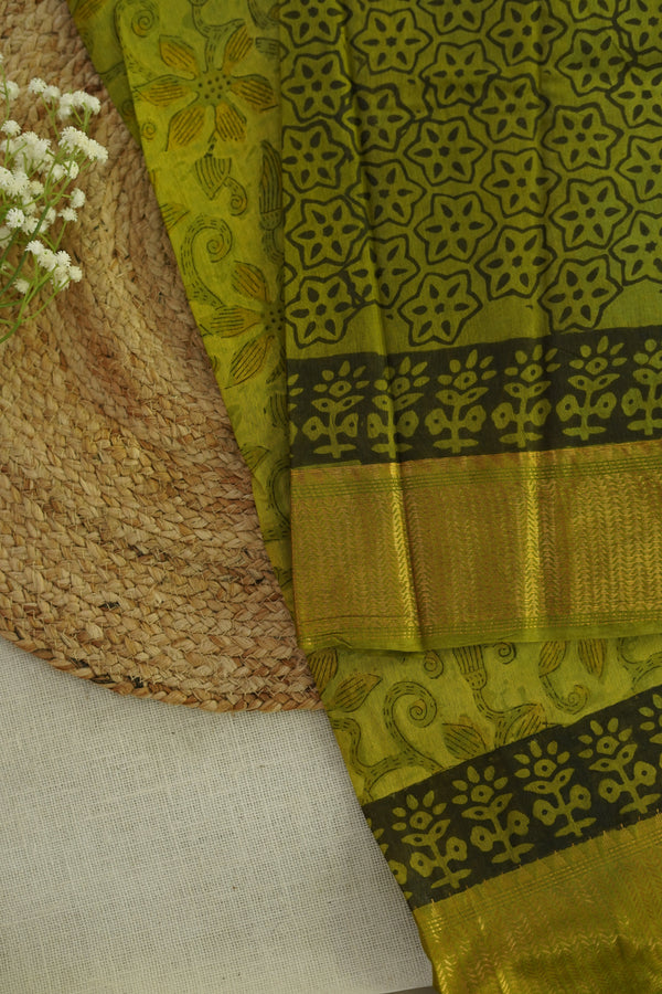 Olive Green Floral Print Chettinad Cotton Saree