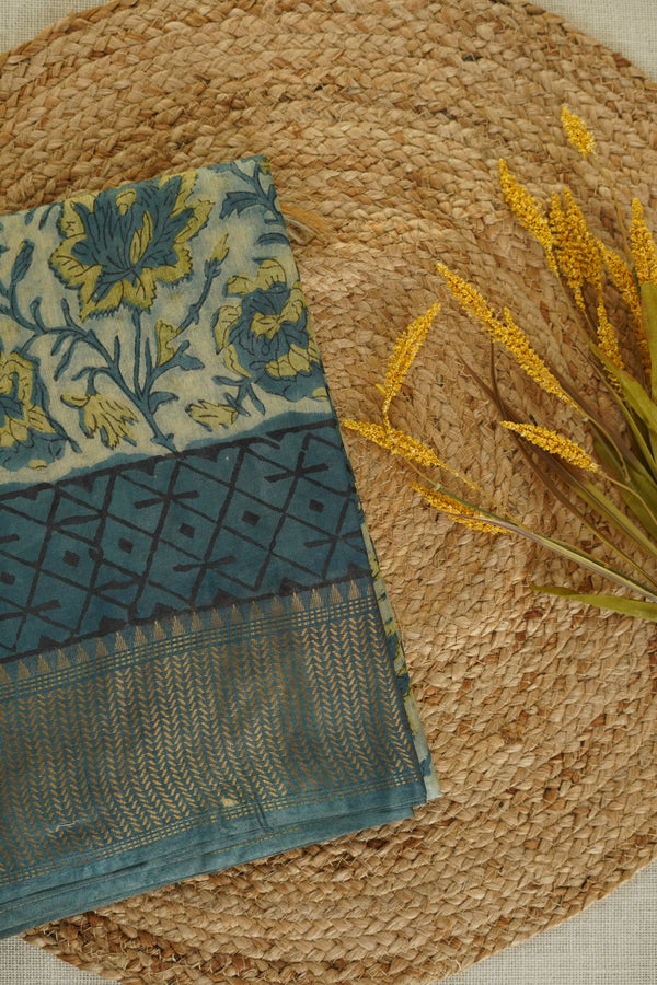 Cream and Elephant Grey Floral Print Chettinad Cotton Saree
