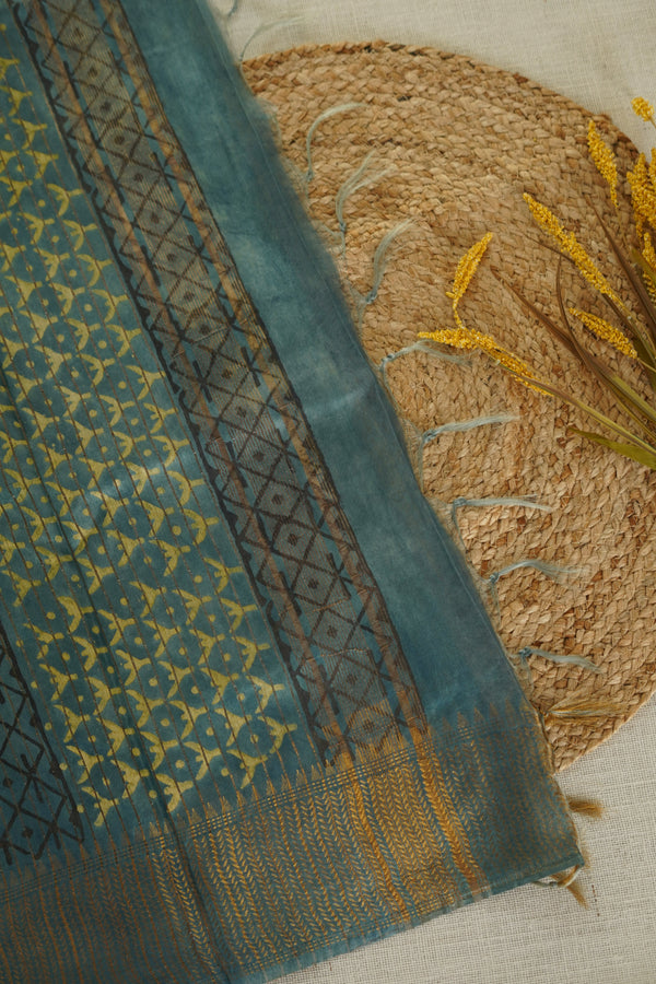 Cream and Elephant Grey Floral Print Chettinad Cotton Saree