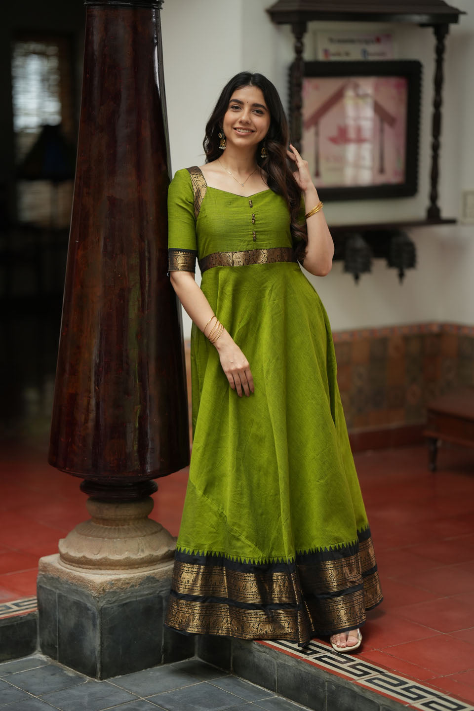 Suhasini Olive Green Ethnic Gown with Zari Border Festive Wear L / Olive Suhasini Olive Green Ethnic Gown with Zari Border Festive Wear L / Olive