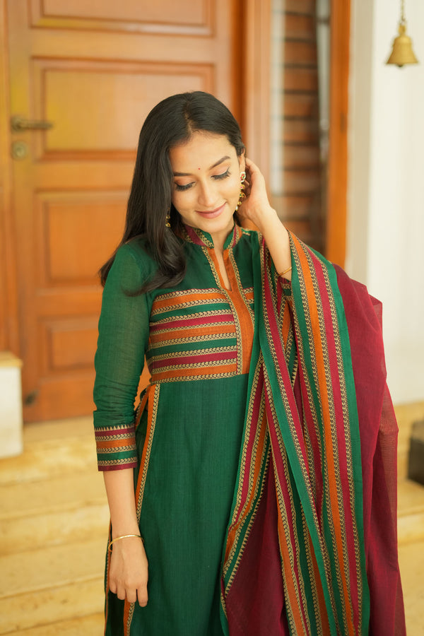 Vanika Green with Maroon Handloom Kurta Set