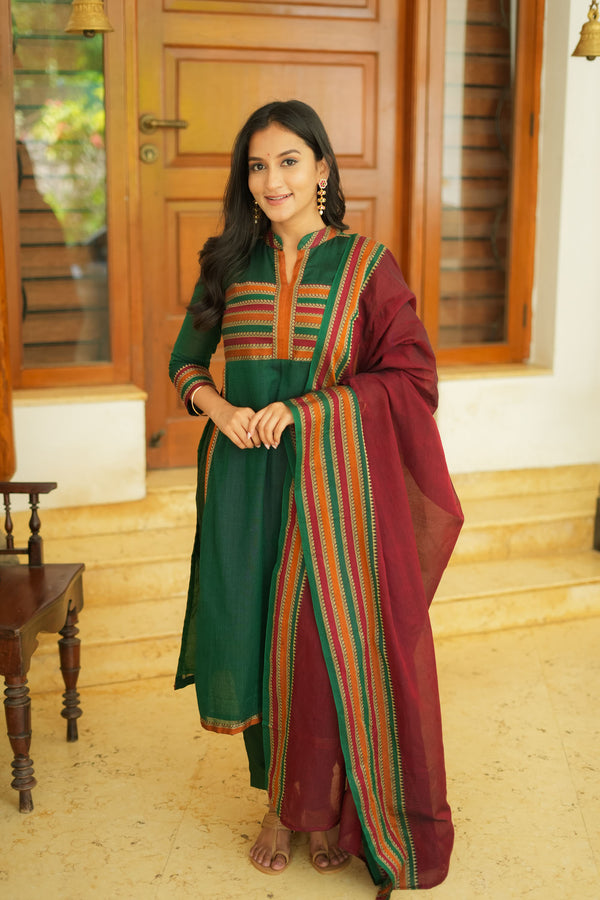 Vanika Green with Maroon Handloom Kurta Set