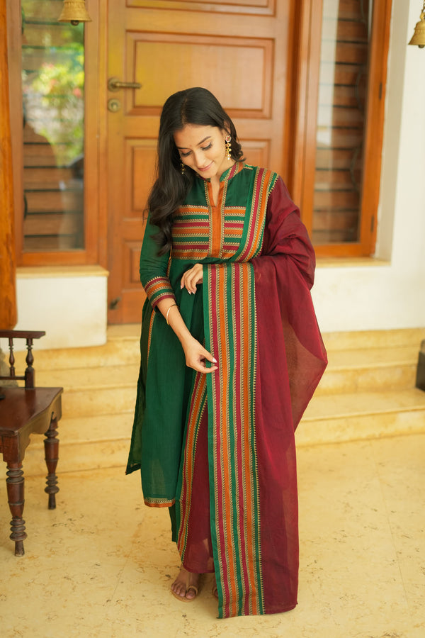 Vanika Green with Maroon Handloom Kurta Set