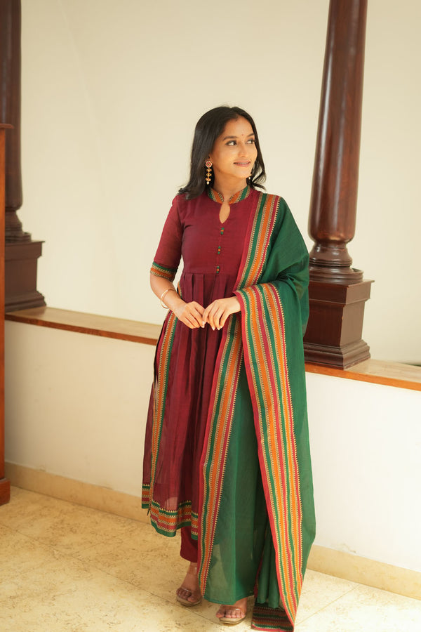 Yashika Maroon with Green Handloom Cotton Kurta Set