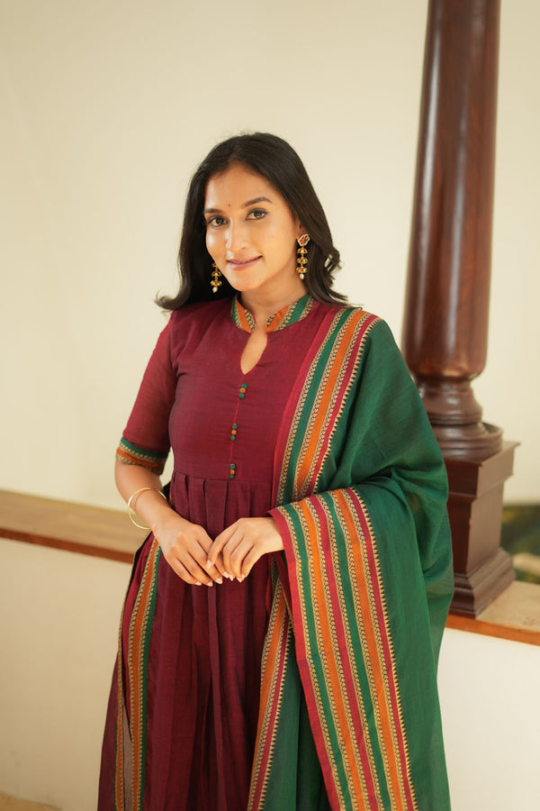 Yashika Maroon with Green Handloom Cotton Kurta Set