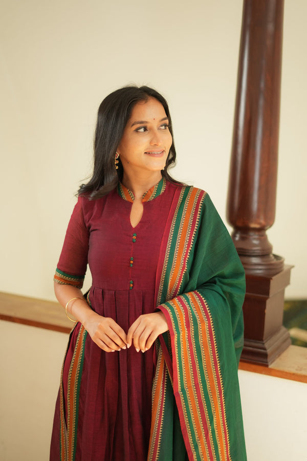 Yashika Maroon with Green Handloom Cotton Kurta Set