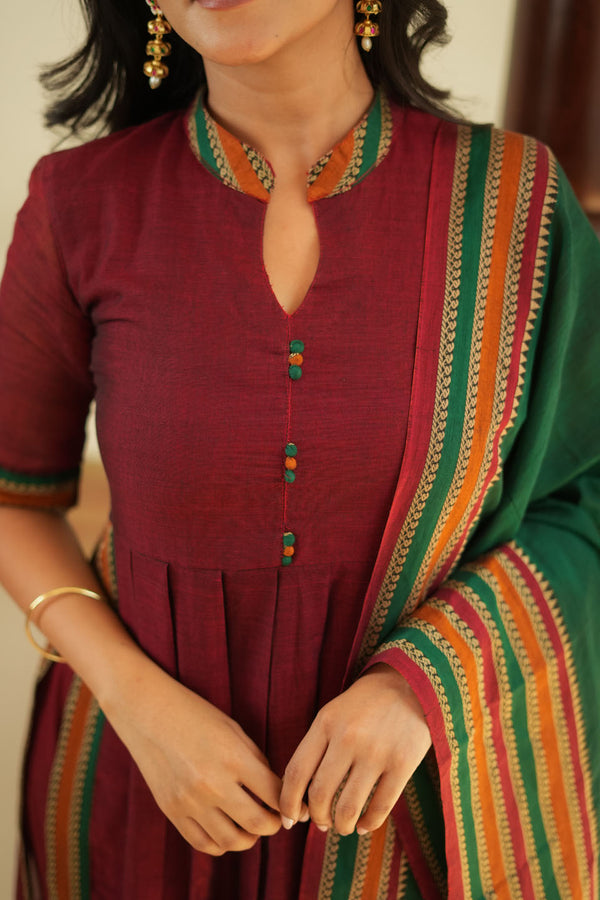 Yashika Maroon with Green Handloom Cotton Kurta Set