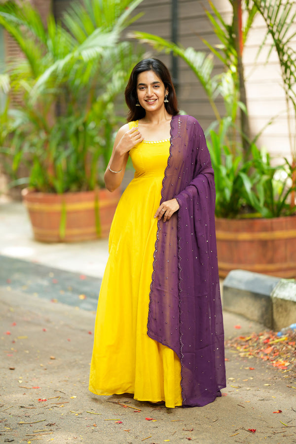 Pavni Yellow With Violet Anarkali Set (Set of 2)