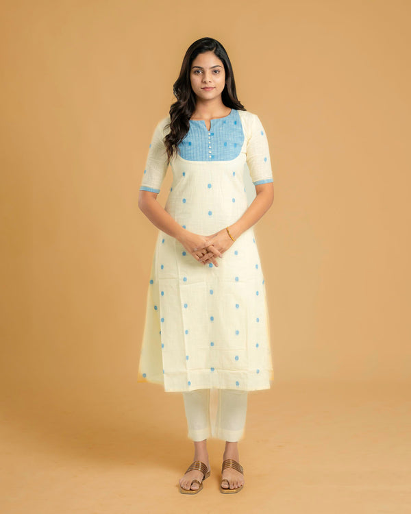 Creamy Blue Handloom A-Line Kurta (PR)