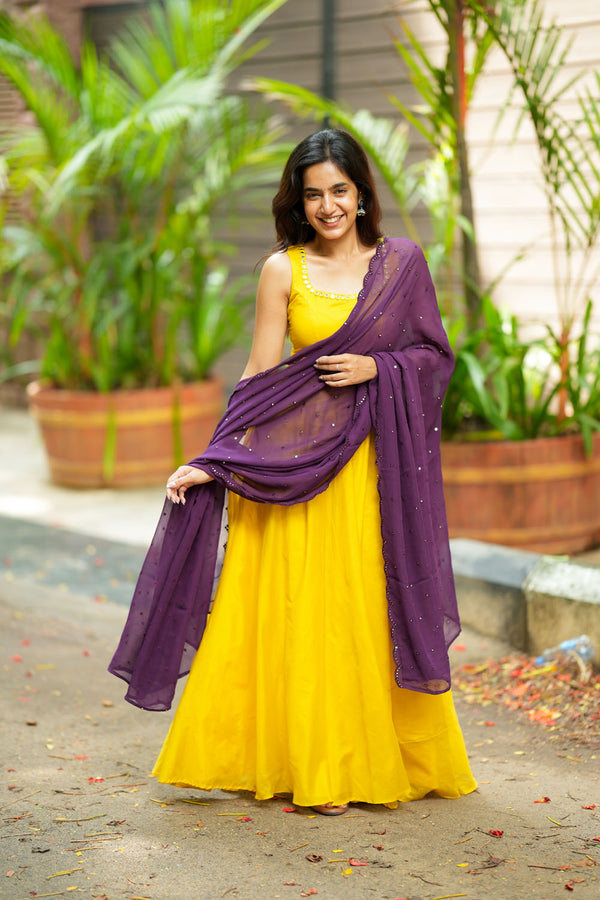 Pavni Yellow With Violet Anarkali Set (Set of 2)