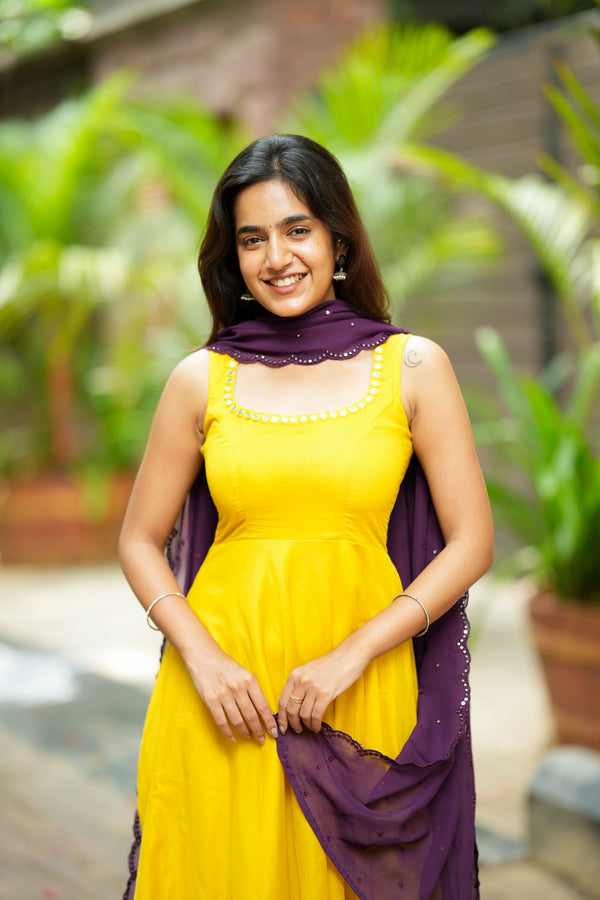 Pavni Yellow With Violet Anarkali Set (Set of 2)