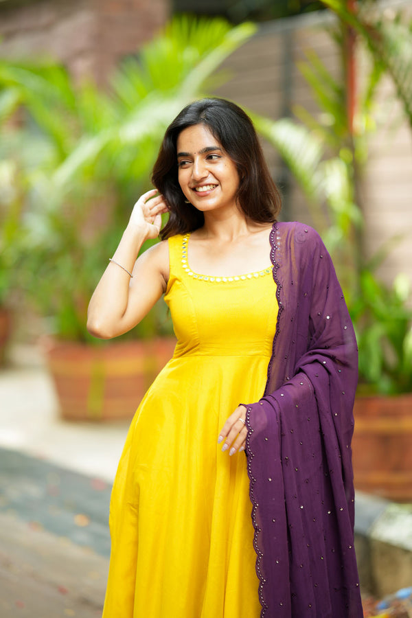 Pavni Yellow With Violet Anarkali Set (Set of 2)