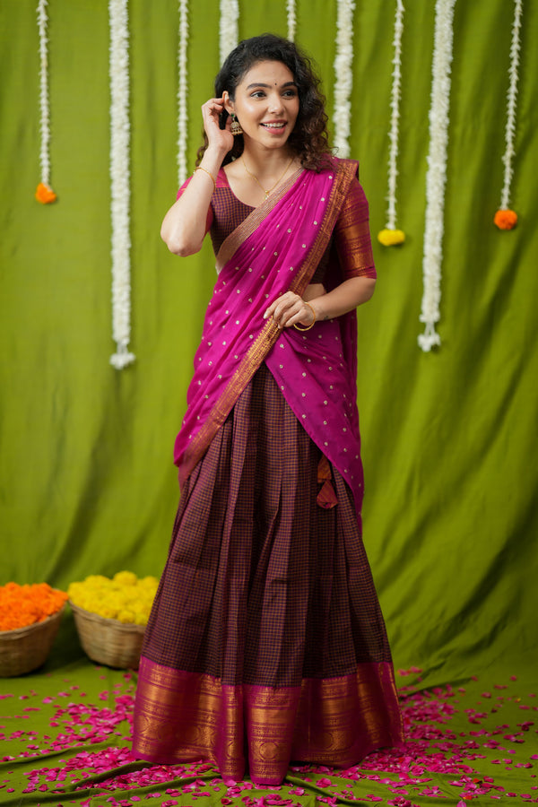 Esha Wine check Halfsaree (Set of 3)