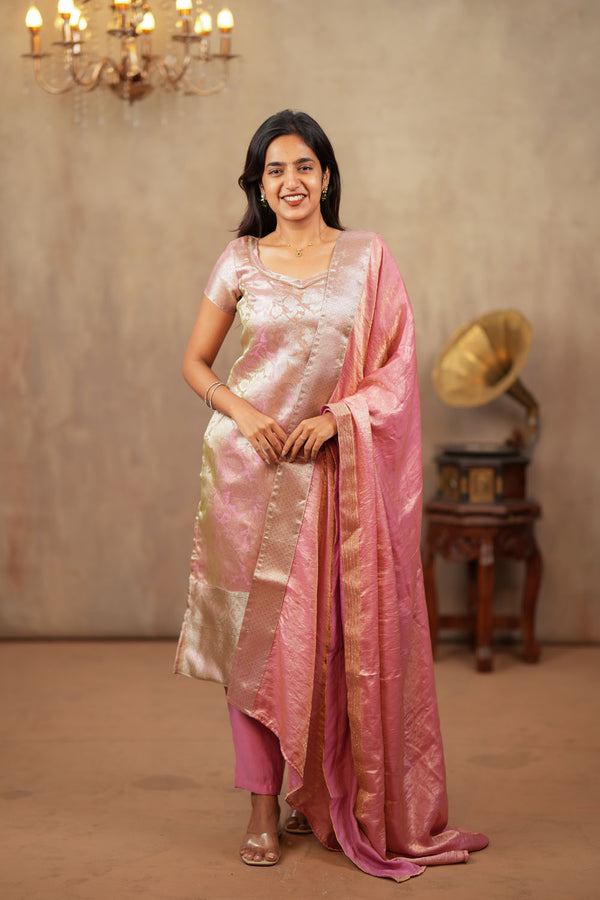 Nethra Pink Banarasi Tissue Kurti Set ( Set of 3 )