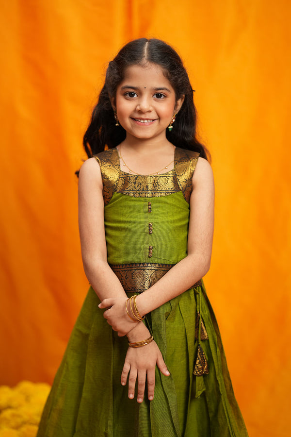 Prisha Olive Green Kids Pattu Pavadai Mini
