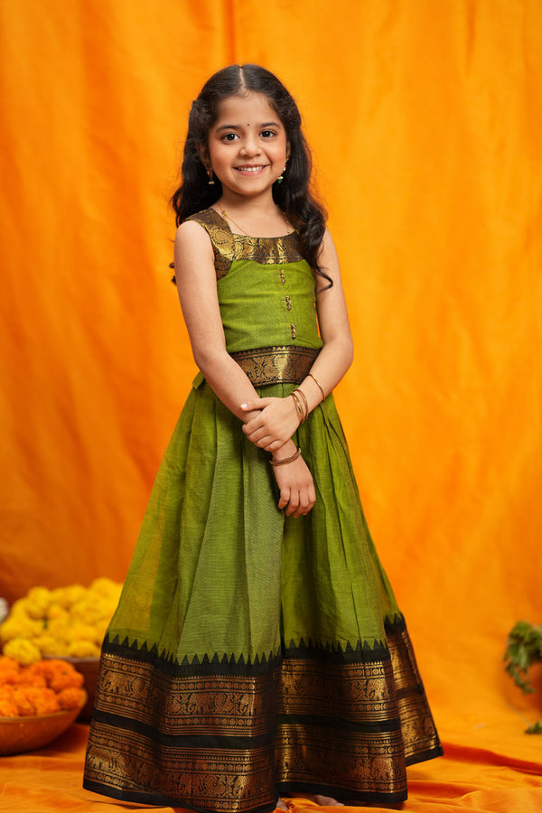 Prisha Olive Green Kids Pattu Pavadai Mini