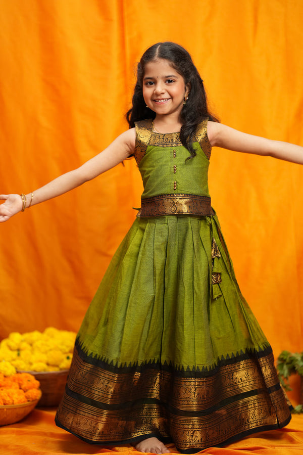 Prisha Olive Green Kids Pattu Pavadai Mini