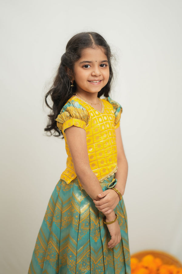Akhila Yellow & Aqua Blue Brocade Kids Lehenga Set Mini