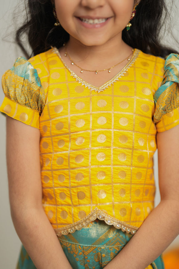 Akhila Yellow & Aqua Blue Brocade Kids Lehenga Set Mini