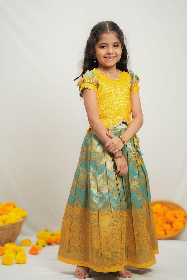 Akhila Yellow & Aqua Blue Brocade Kids Lehenga Set Mini