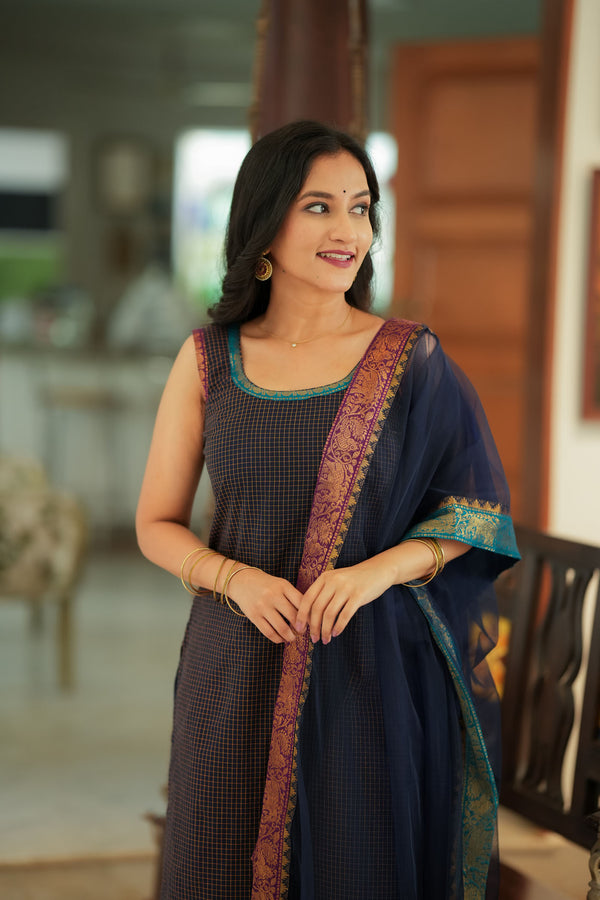 Varnika Blue Checkered Kurti Set