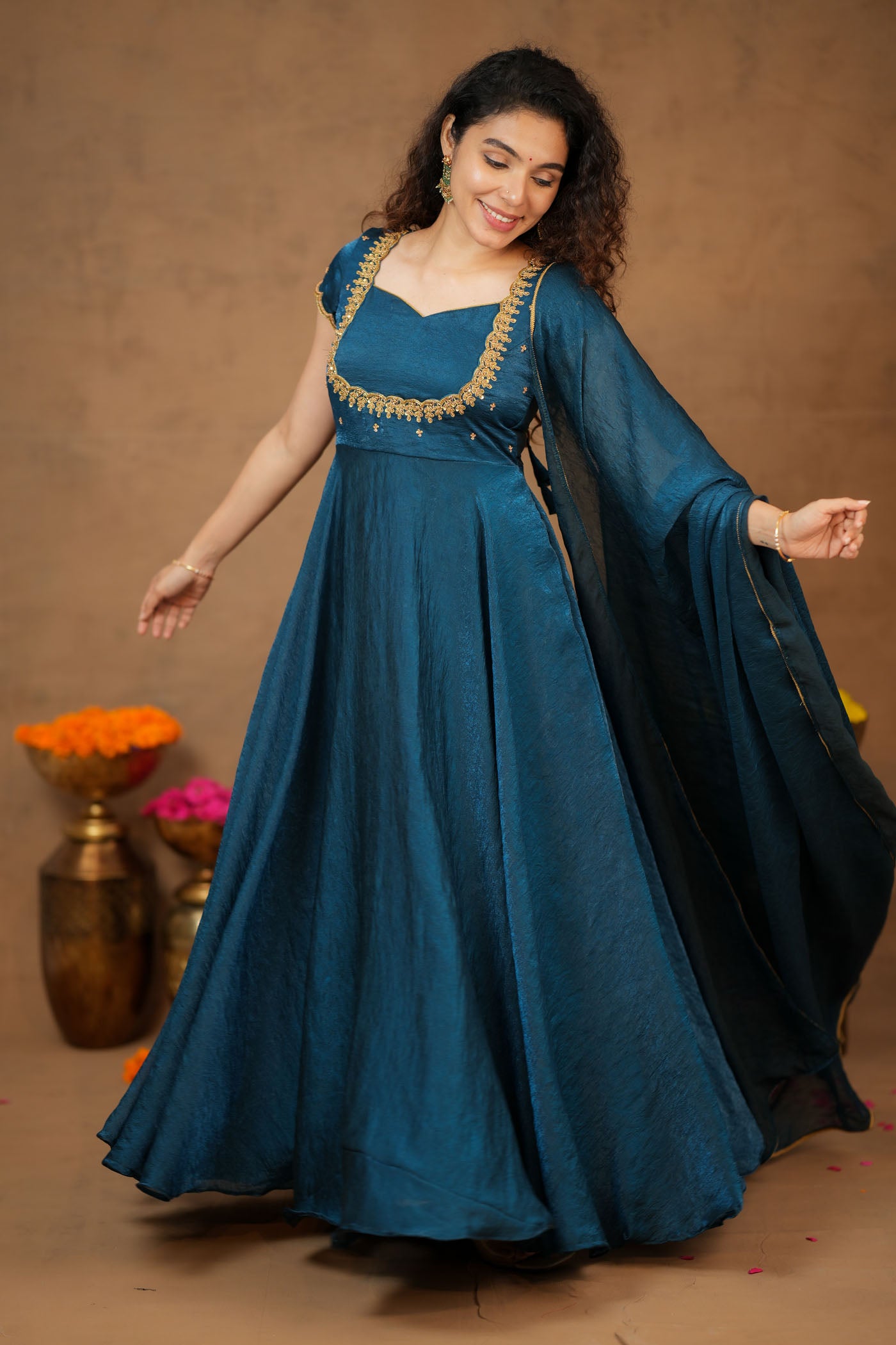 teal color maxi dress Niharika Teal Maxi Dress-Teal Blue Embroidered Anarkali Gown with Dupatta – ekantastudio
