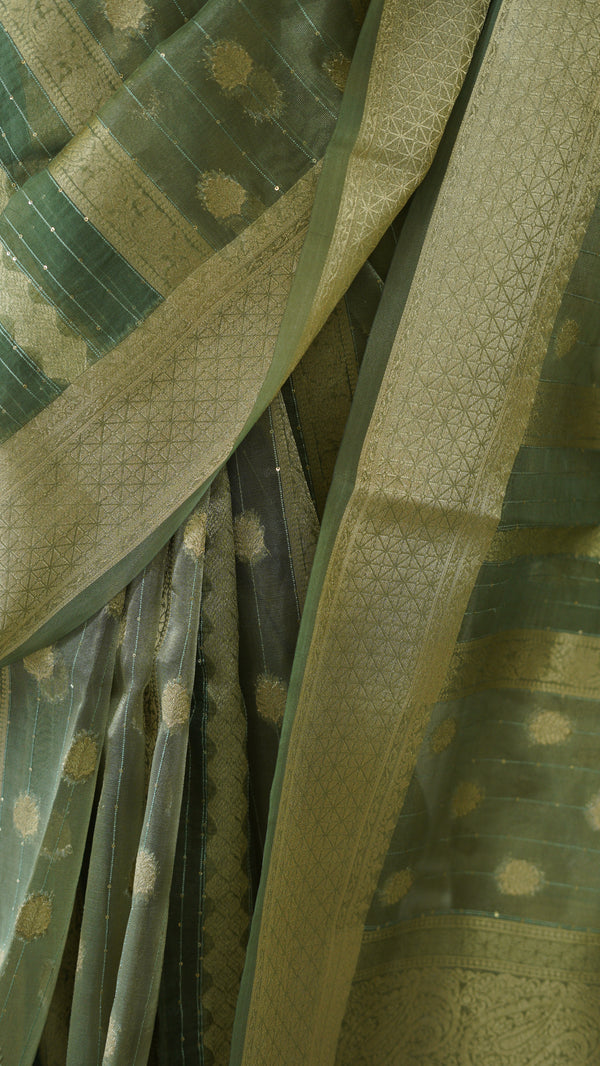 Olive Green Organza Tissue Saree with Blouse