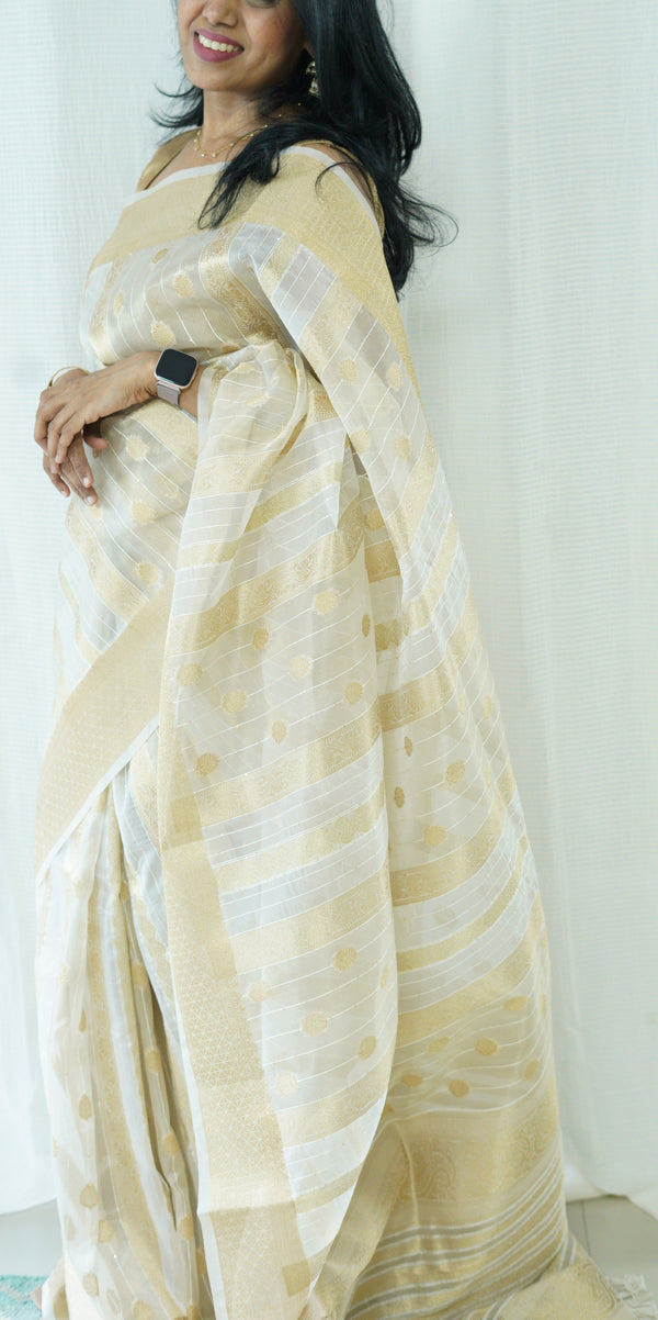 White and Gold Organza Tissue Saree with Blouse