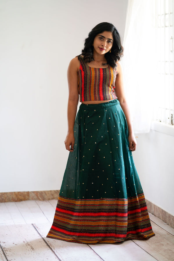 GRG - Aadhini Greeen sequins skirt with multicolor printed embroidered top - XS & S only