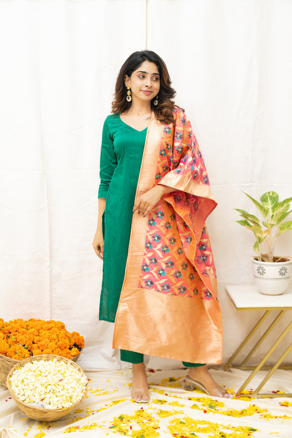 Sruthi Green with Peach Floral dupatta