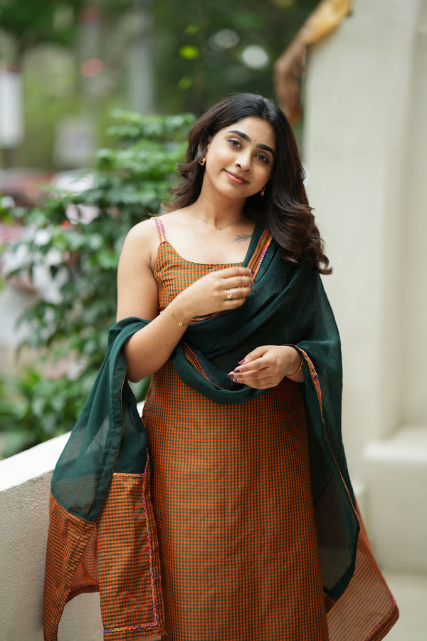 Narmada Rust with Green Kurti (Set of Top & Dupatta)