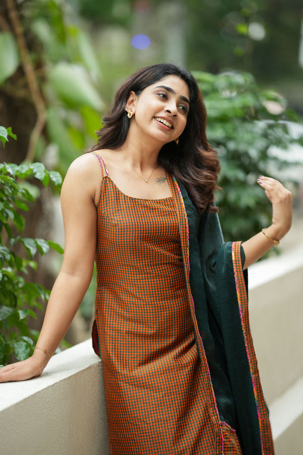 Narmada Rust with Green Kurti (Set of Top & Dupatta)