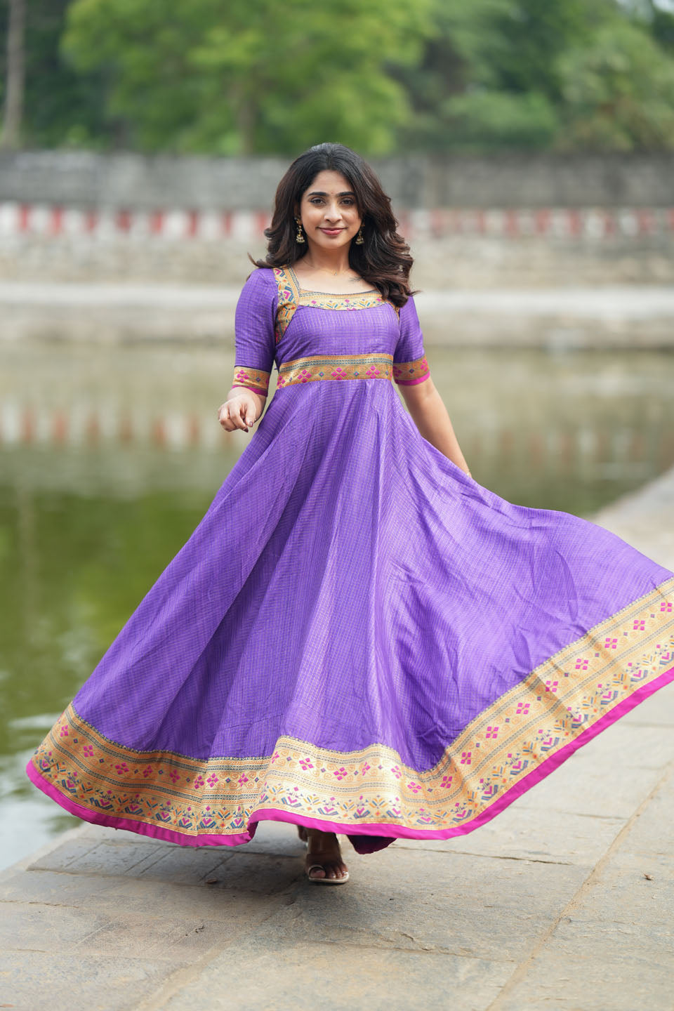 purple dress indian Indian Purple Floral Block Print Cotton Maxi Dress