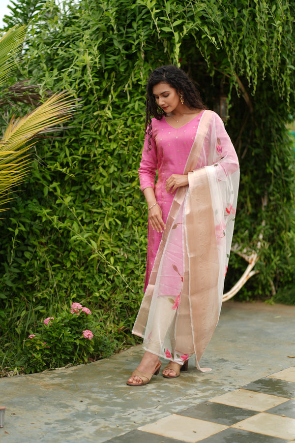 Malini Pink with White Organza Dupatta