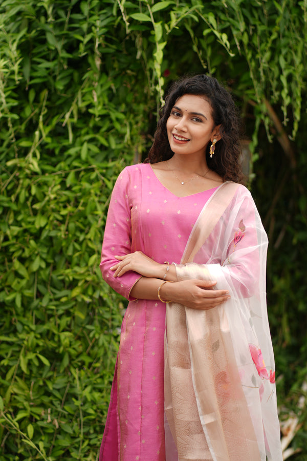 Malini Pink with White Organza Dupatta
