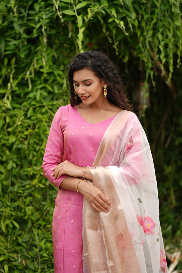 Malini Pink with White Organza Dupatta
